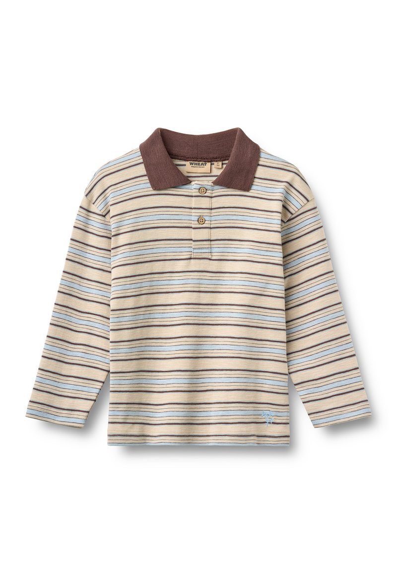 Beige und hellblau gestreiftes Langarm-Poloshirt mit braunem Kragen und zwei Holzknöpfen, für Kinder entworfen.