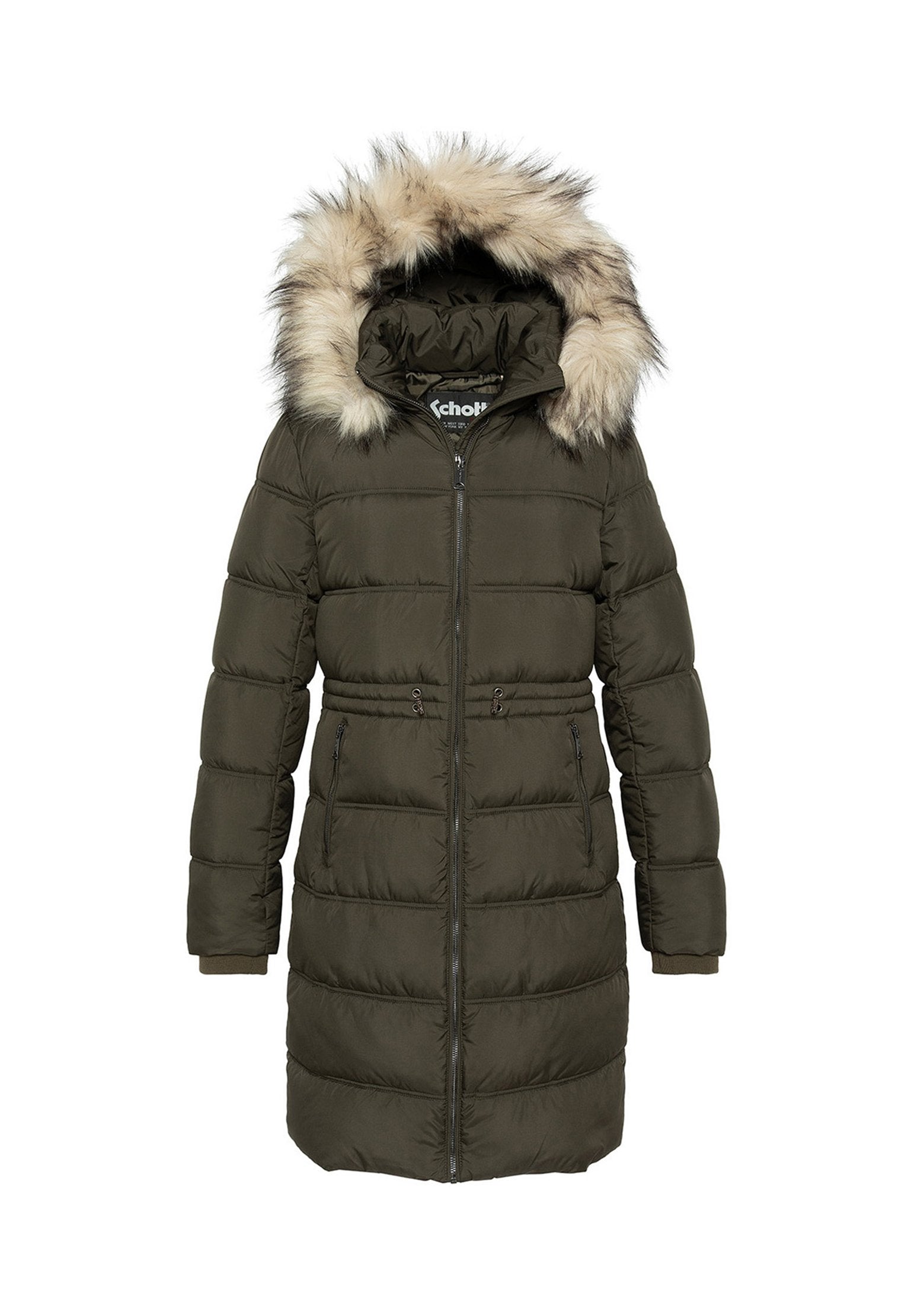 Olivgrüner gesteppter Mantel mit Kapuze, die mit Kunstfell besetzt ist, doppeltem Reißverschluss und Knebelverschluss, seitlichen Taschen und horizontaler Steppung.