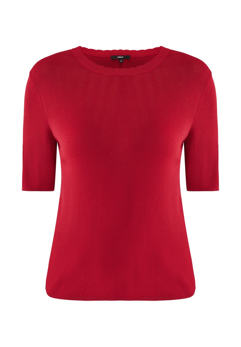 Rotes Kurzarmtop aus leichtem Strickmaterial. Verfügt über einen runden Ausschnitt und eine glatte, gleichmäßige Textur. Zentrales Etikett auf der Rückseite sichtbar.