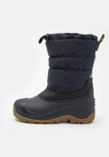 Schneestiefel mit einem Obermaterial aus navy Stoff, gepolsterter Textur und schwarzem Gummi unterhalb. Verfügt über einen Kordelzugverschluss und eine sandfarbene Gummisohle.