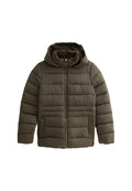 Olivgrüner Pufferjacke mit Kapuze, Reißverschluss und gemütlichem Innenfutter. Verfügt über ein horizontales Steppmuster und zwei seitliche Taschen.