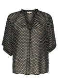 Schwarze durchsichtige Bluse mit V-Ausschnitt und kurzenÄrmeln, mit einem weißen Diamantenmuster und Knopfverschluss vorne. Leichter Stoff.