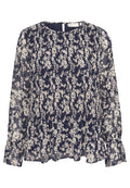 Marinebluse mit weißem Blumenmuster, langen Ärmeln, runder Halslinie und plissierter Textur. Detail mit Schlüsselloch am Rücken, leichtes Material.
