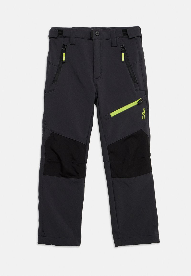 Dunkelgraue Softshell-Hose für Kinder mit schwarzen Knieschützern, zwei vorderen Reißverschlusstaschen und einer diagonalen leuchtgrünen Reißverschlusstasche am rechten Bein.