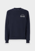Marineblaues Sweatshirt, Rundhalsausschnitt, gerippte Bündchen. Die Vorderseite zeigt weißen Text "LES DEUX" über "LEGACY COURT" in einem gewölbten Design. Weiches Stoffgefühl.
