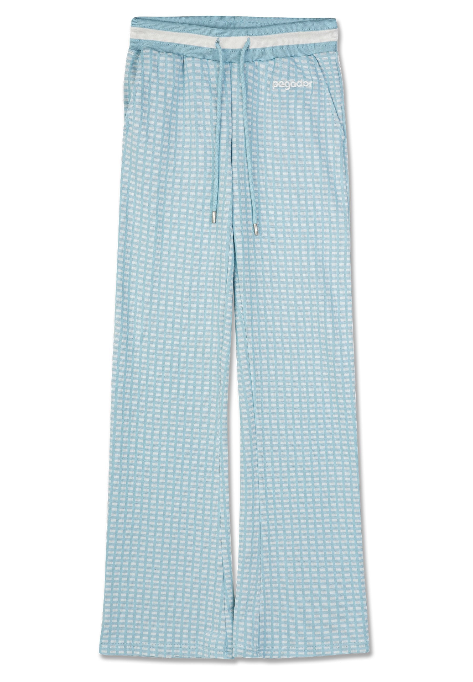 Hellblaue Pyjamahose aus weichem Stoff, mit weißem Karomuster, elastischem Bund mit Kordelzug und legerem weitem Schnitt.