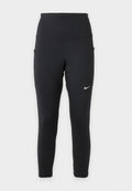 Schwarze, hoch taillierte Nike-Leggings mit Seitentaschen und einem kleinen weißen Nike-Swoosh am rechten Oberschenkel.