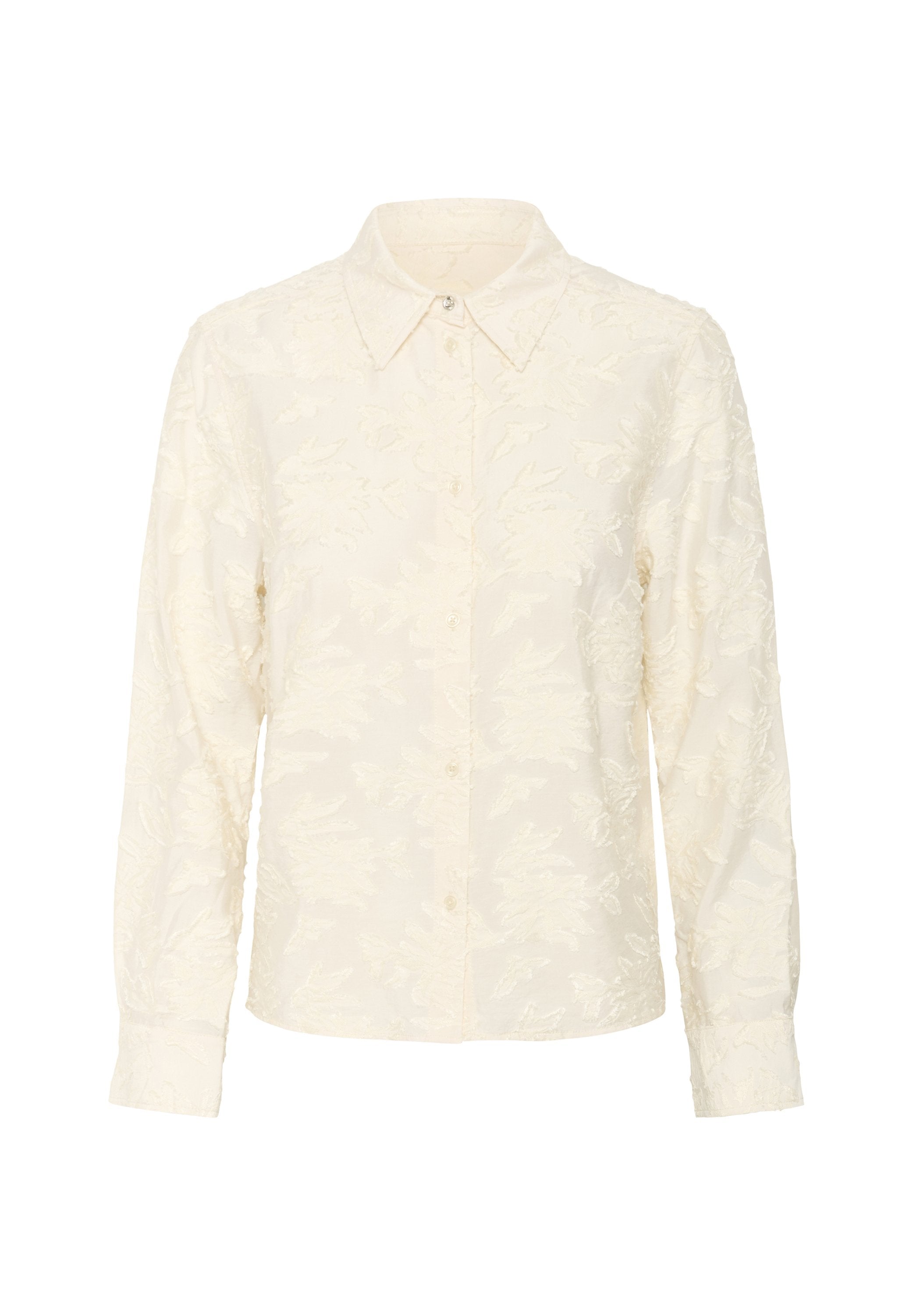 Button-up-Hemd aus strukturiertem cremefarbenem Stoff mit floralen Stickereien, langen Ärmeln und klassischem Kragen. Zwei sichtbare Knöpfe auf der Vorderseite.