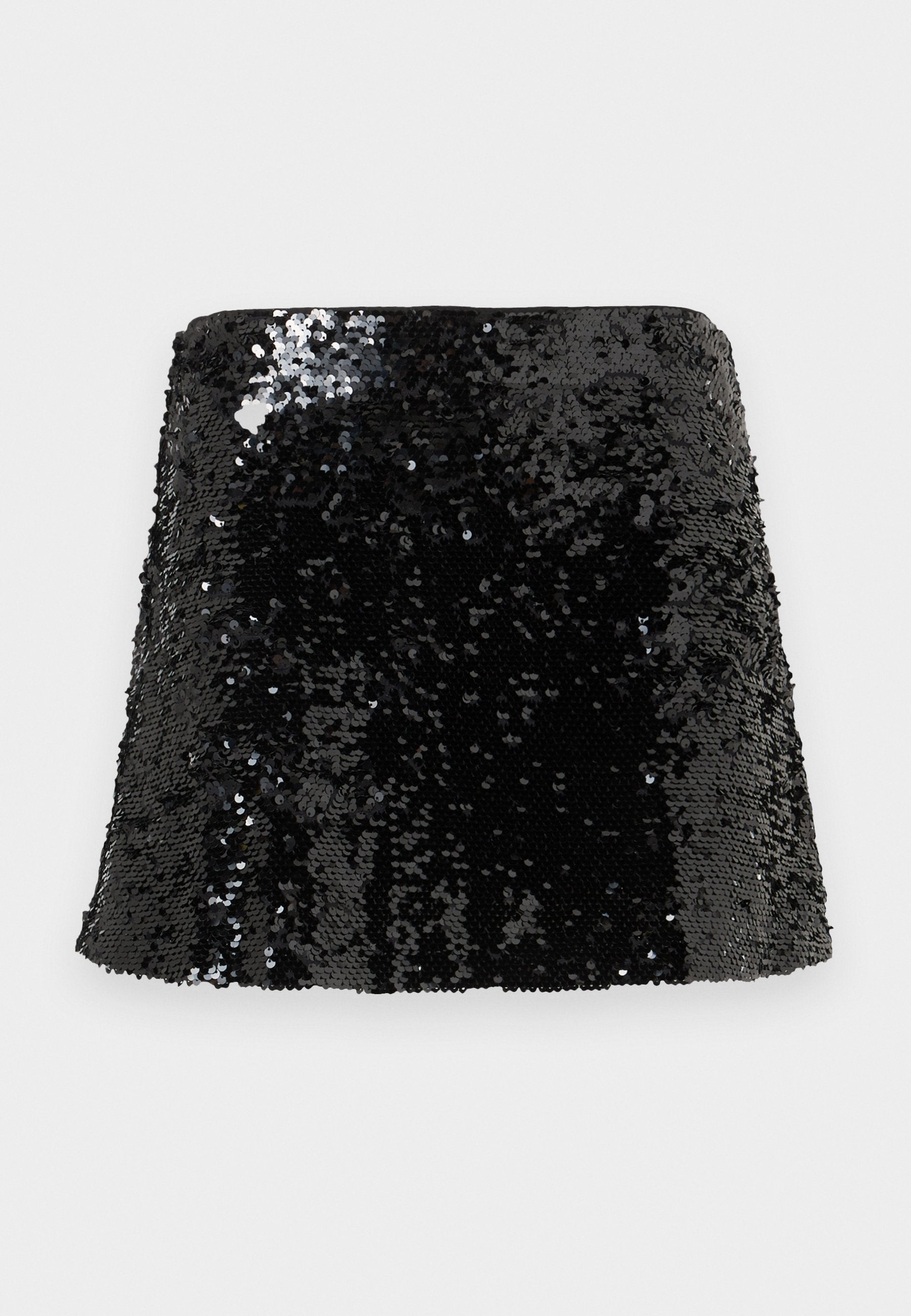 Schwarzer Minirock mit Pailletten, eng anliegendem Design, glänzender Textur und A-Linien-Form. Oberfläche bedeckt mit reflektierenden Pailletten.