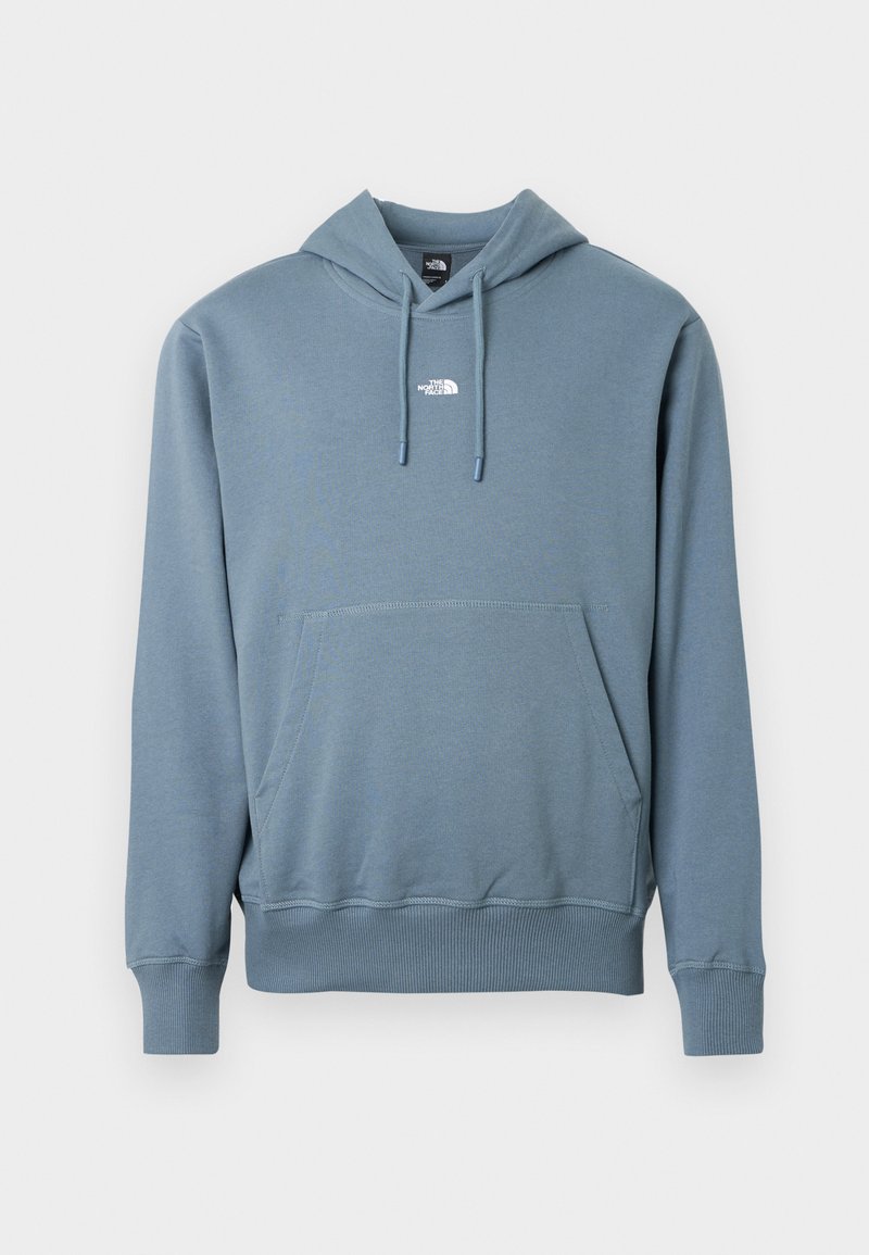 Blauer Kapuzenpullover mit Kängurutasche vorne und kleinem weißen The North Face-Logo, das in der Mitte der Brust sitzt.