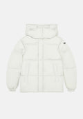 Weißer Puffer-Jacke mit Kapuze, gestepptem Design, Seitentaschen, elastischen Bündchen und einem kleinen Branding-Detail am linken Ärmel.