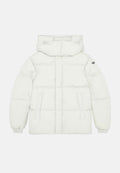 Weißer Puffer-Jacke mit Kapuze, gestepptem Design, Seitentaschen, elastischen Bündchen und einem kleinen Branding-Detail am linken Ärmel.