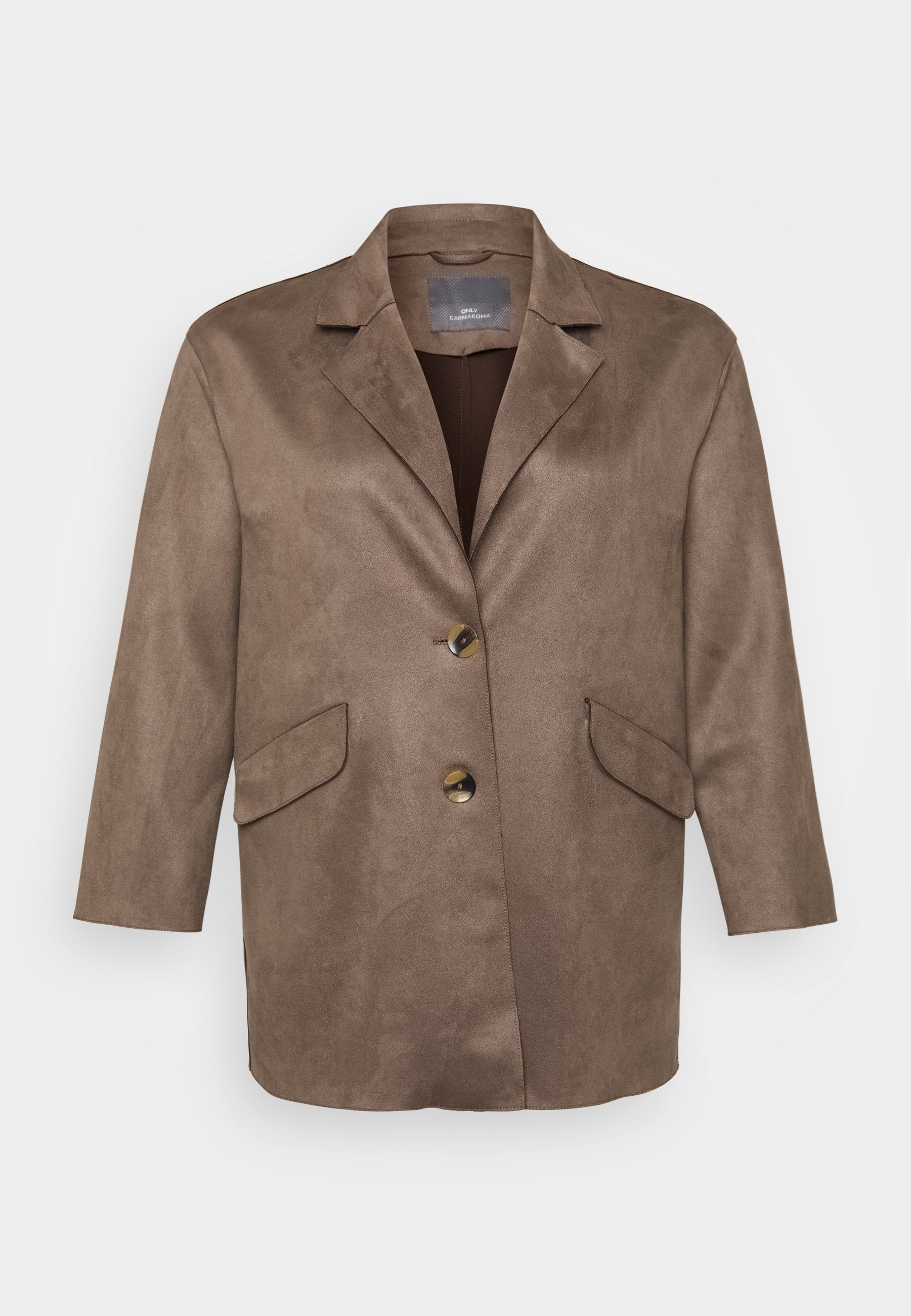 Brauner Kunstsuede-Blazer mit Reverskragen, zwei vorderen Taschen und einem einzelnen Knopfverschluss. Mit 3/4-Ärmeln.