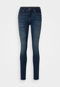Dunkelblaue Skinny-Jeans aus Denim-Stoff, mit einem mittelhohen Bund, Fünf-Taschen-Design und fransigen Säumen. Glatte Textur mit dezentem Verblassen.