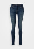 Dunkelblaue Skinny-Jeans aus Denim-Stoff, mit einem mittelhohen Bund, Fünf-Taschen-Design und fransigen Säumen. Glatte Textur mit dezentem Verblassen.