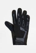 Schwarze Handschuhe mit strukturierter Oberfläche; ausgestattet mit verstärkten Polstern und einem einzigartigen Daumendesign. Hergestellt aus synthetischen Materialien mit dezenten Akzenten.