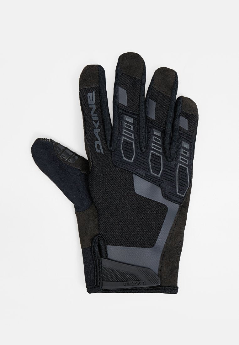 Schwarze Handschuhe mit strukturierter Oberfläche; ausgestattet mit verstärkten Polstern und einem einzigartigen Daumendesign. Hergestellt aus synthetischen Materialien mit dezenten Akzenten.