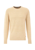 Helles gelbes Sweatshirt mit Rundhalsausschnitt und langen Ärmeln, das ein strukturiertes Strickmuster sowie gerippte Bündchen und Saum aufweist.