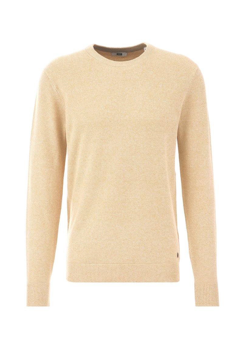 Helles gelbes Sweatshirt mit Rundhalsausschnitt und langen Ärmeln, das ein strukturiertes Strickmuster sowie gerippte Bündchen und Saum aufweist.
