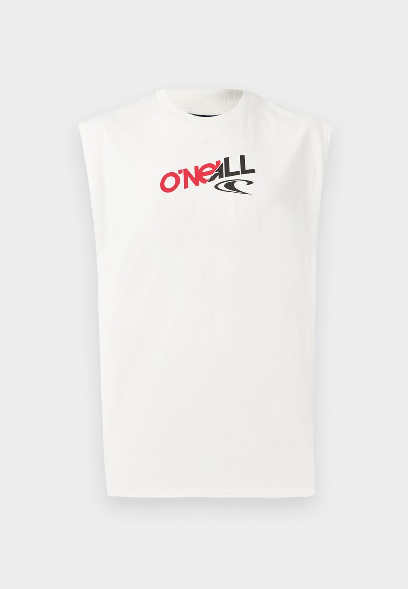 Weißes ärmelloses T-Shirt mit rotem und schwarzem O'Neill-Logo und Wellendesign auf der Brust, rundem Ausschnitt, einfarbiger Hintergrund.
