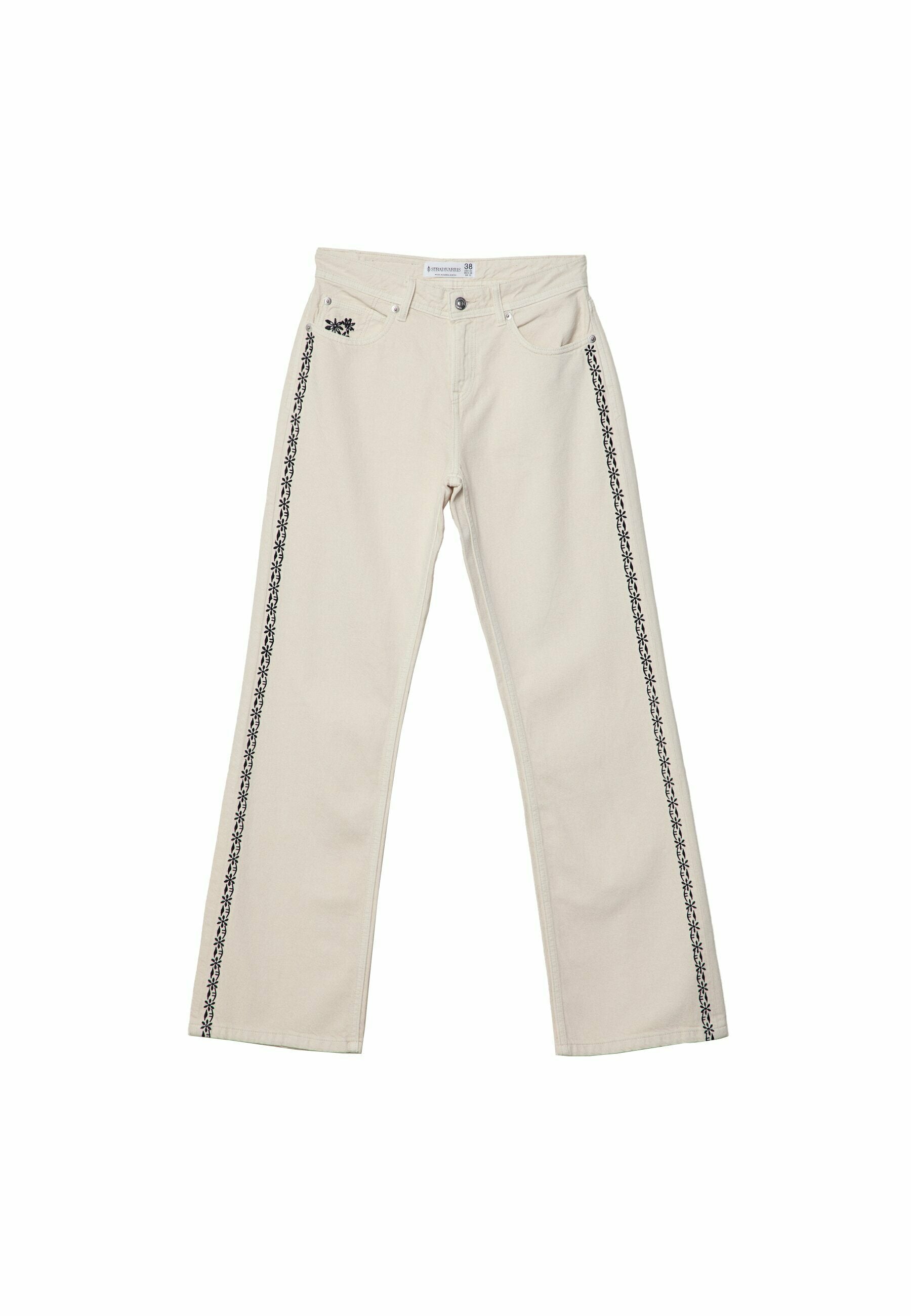 Ecrufarbene gerade geschnittene Hose mit schwarzem Blumenstickerei entlang der äußeren Nähte und Taschenkanten, mit Knopf- und Reißverschluss.