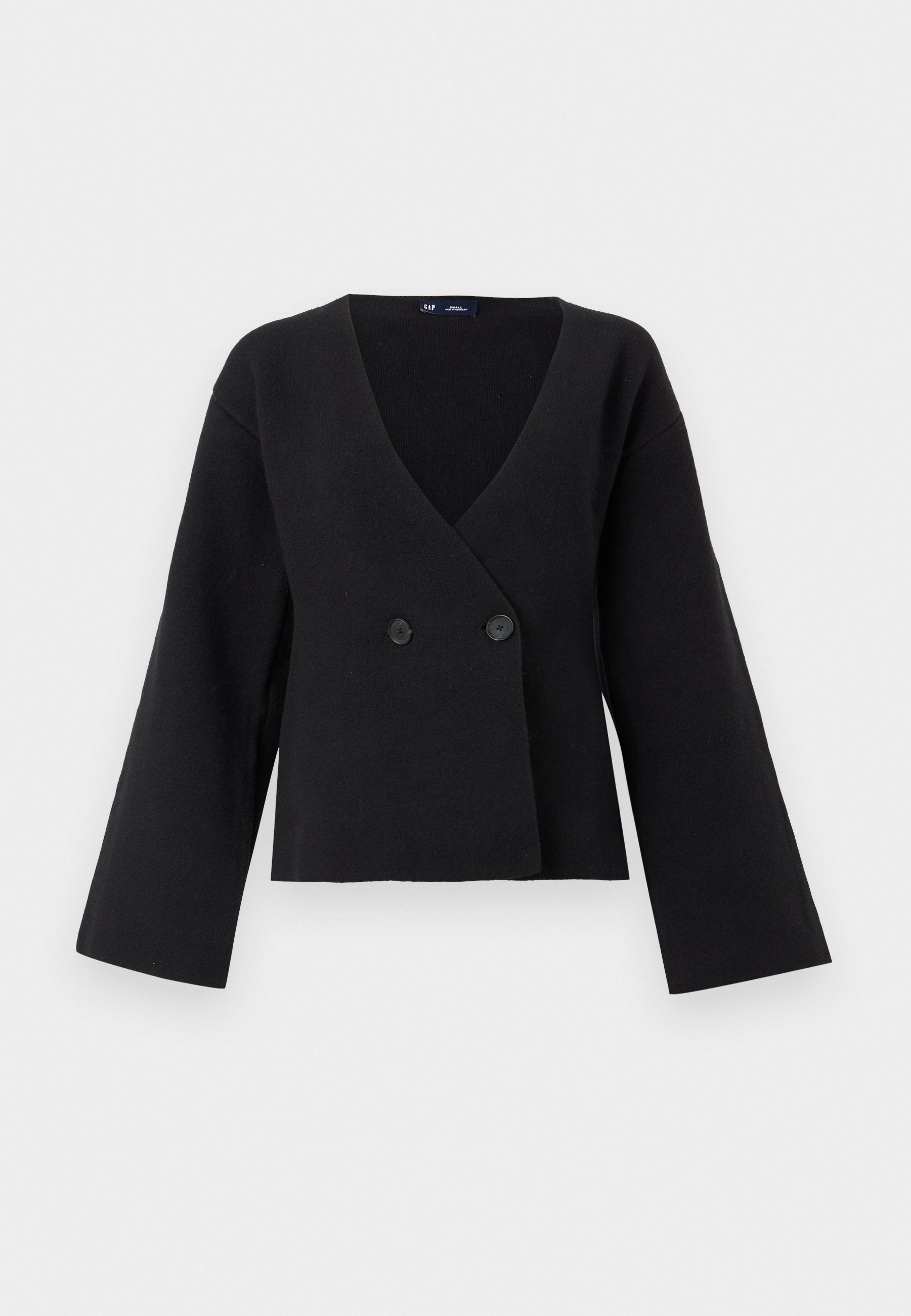 Schwarze Cropped-Jacke aus weichem Stoff, mit tiefem V-Ausschnitt, langen Ärmeln und zwei vorderen Knöpfen zum Schließen.