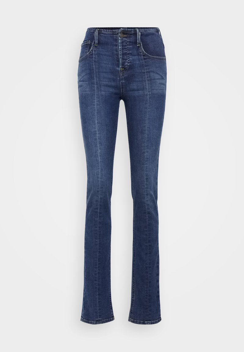 Dunkelblaue Schlagjeans aus Denim, mit hoher Taille, fünf Taschen und gelben Nähten, im klassischen geraden Beinschnitt.
