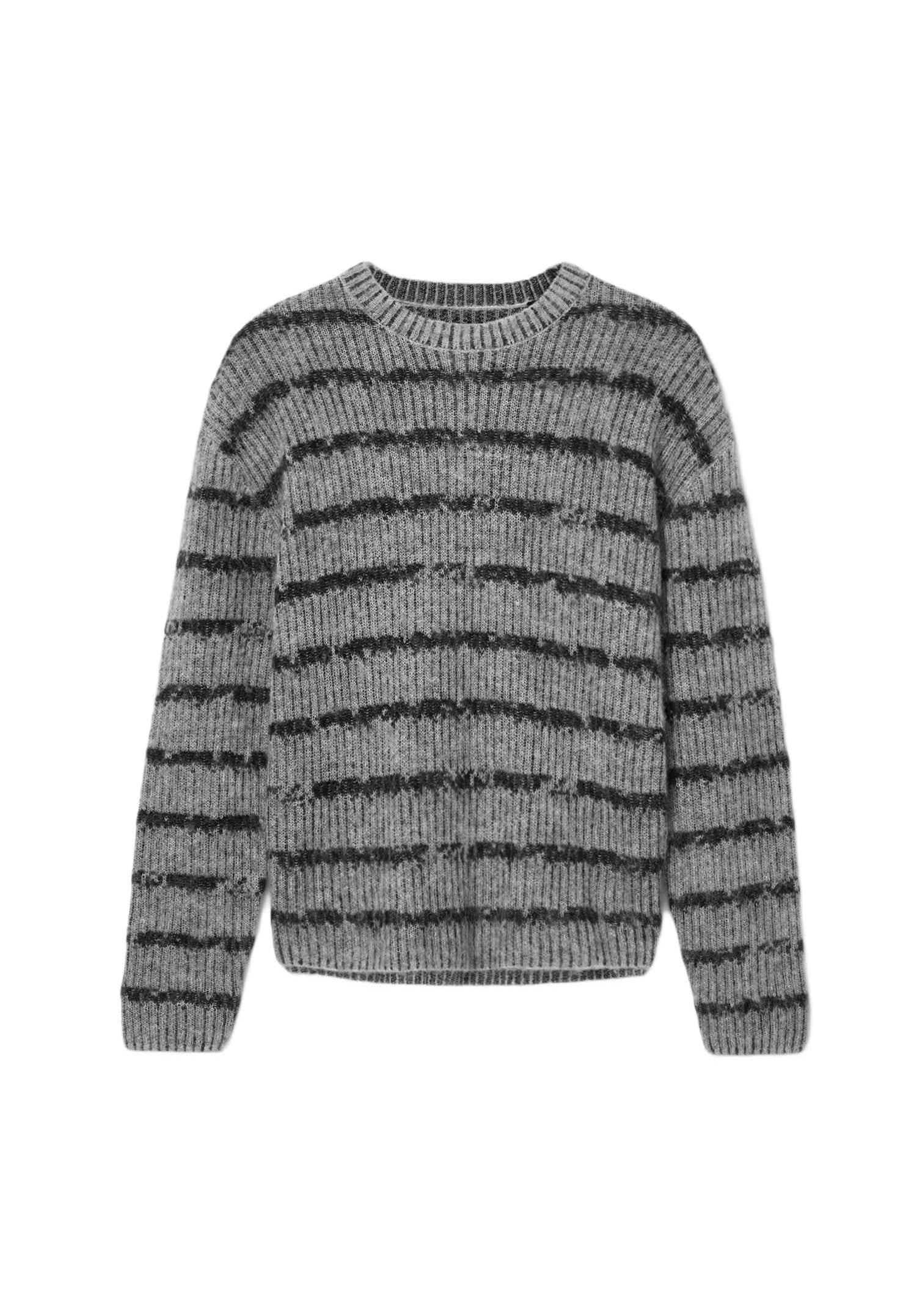 Grauer gestrickter Pullover mit schwarzen horizontalen Streifen, Rundhalsausschnitt und gerippter Textur. Verfügt über lange Ärmel und einen abgerundeten Saum.