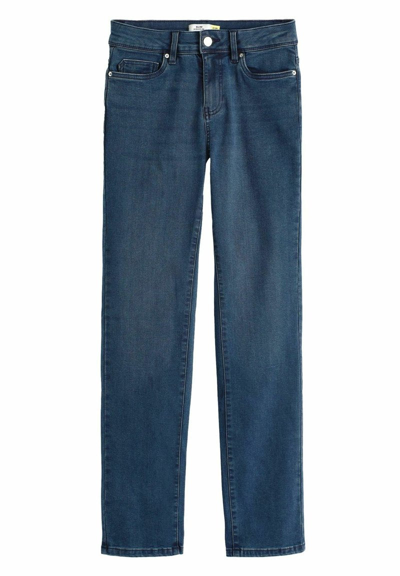 Schmal geschnittene blaue Denim-Jeans mit einer glatten Textur, ausgestattet mit einem klassischen Fünf-Taschen-Design, Metallknopf und dezenten Nähten.