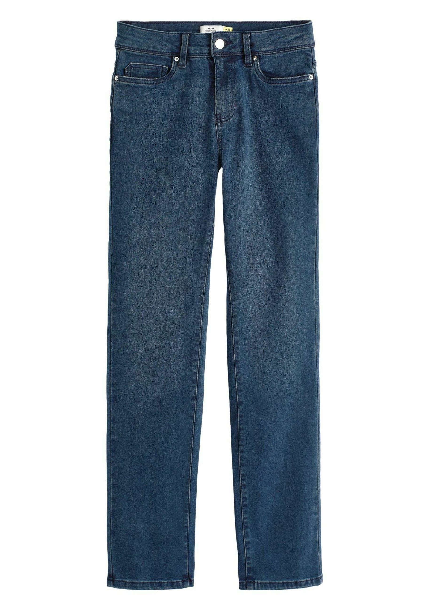 Schmal geschnittene blaue Denim-Jeans mit einer glatten Textur, ausgestattet mit einem klassischen Fünf-Taschen-Design, Metallknopf und dezenten Nähten.