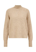 Beige Pullover mit reduziertem Kragen, lockerer Passform, geripptem Saum und Bündchen, der ein strukturiertes Design mit verstreuten metallischen Akzenten aufweist.