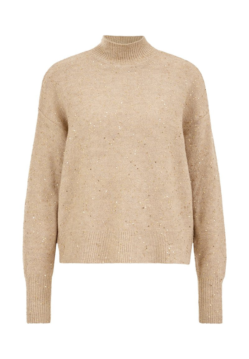 Beige Pullover mit reduziertem Kragen, lockerer Passform, geripptem Saum und Bündchen, der ein strukturiertes Design mit verstreuten metallischen Akzenten aufweist.