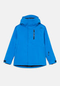 Helle blaue wasserdichte Jacke mit Kapuze, ausgestattet mit einem Frontreißverschluss, zwei Seitentaschen und verstellbaren Bündchen für einen sicheren Sitz.