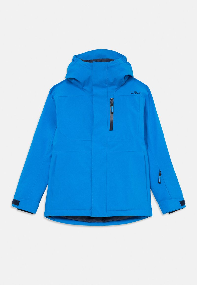 Helle blaue wasserdichte Jacke mit Kapuze, ausgestattet mit einem Frontreißverschluss, zwei Seitentaschen und verstellbaren Bündchen für einen sicheren Sitz.