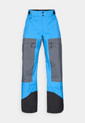 Blaue und graue wasserdichte Hosen mit geradem Schnitt, ausgestattet mit Reißverschlusstaschen, kontrastierenden Farben und einem schwarzen unteren Saum.