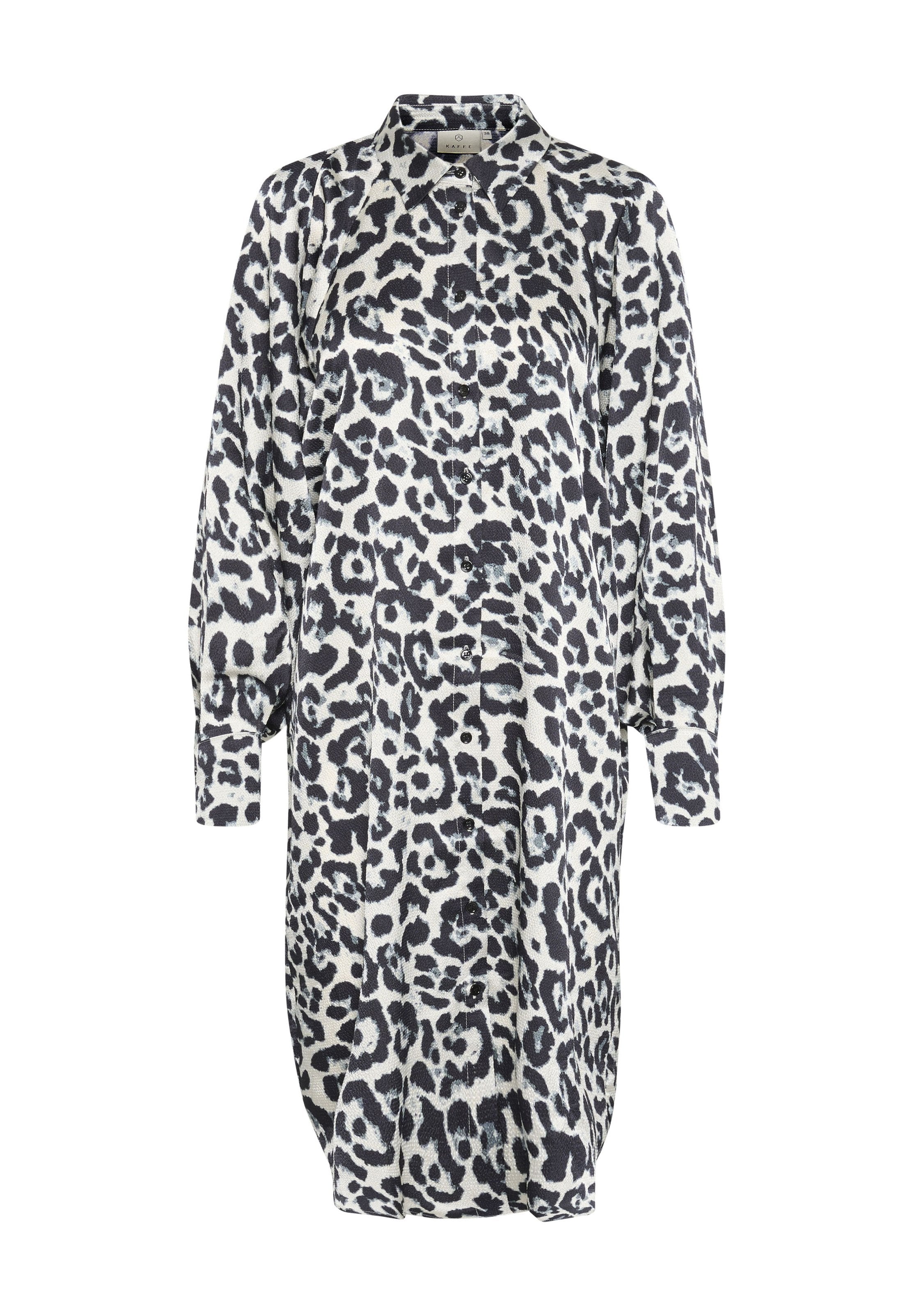 Leopardenmuster Kleid in Creme und Schwarz, mit Kragen, Knopfleiste, langen Ärmeln und einer lockeren Passform mit gerafften Details.