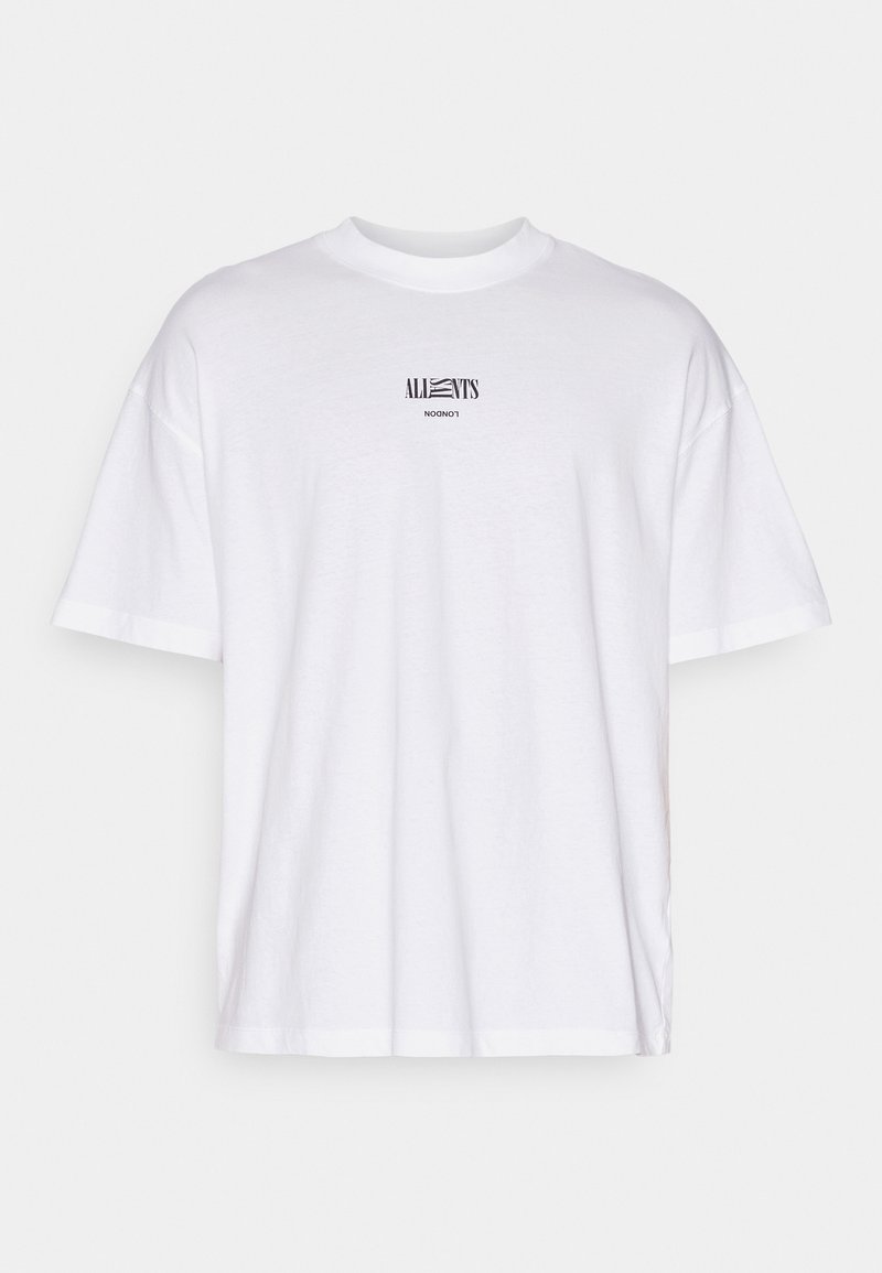 Weißes Baumwoll-T-Shirt mit kurzen Ärmeln, Rundhals und einem kleinen schwarzen Grafiklogo auf der oberen Brust, das Text und ein gestreiftes Design zeigt.