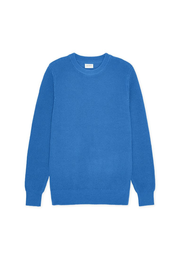 Blauer gestrickter Pullover mit geripptem Muster, rundem Ausschnitt und langen Ärmeln. Saum und Bündchen sind ebenfalls gerippt für zusätzliche Details.