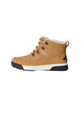 Tan Ankle Boots mit einem strukturierten Leder-Obermaterial, Fleece-Fütterung, runden Schnürsenkeln und einer Gummisohle mit einem schwarz-weißen Design.