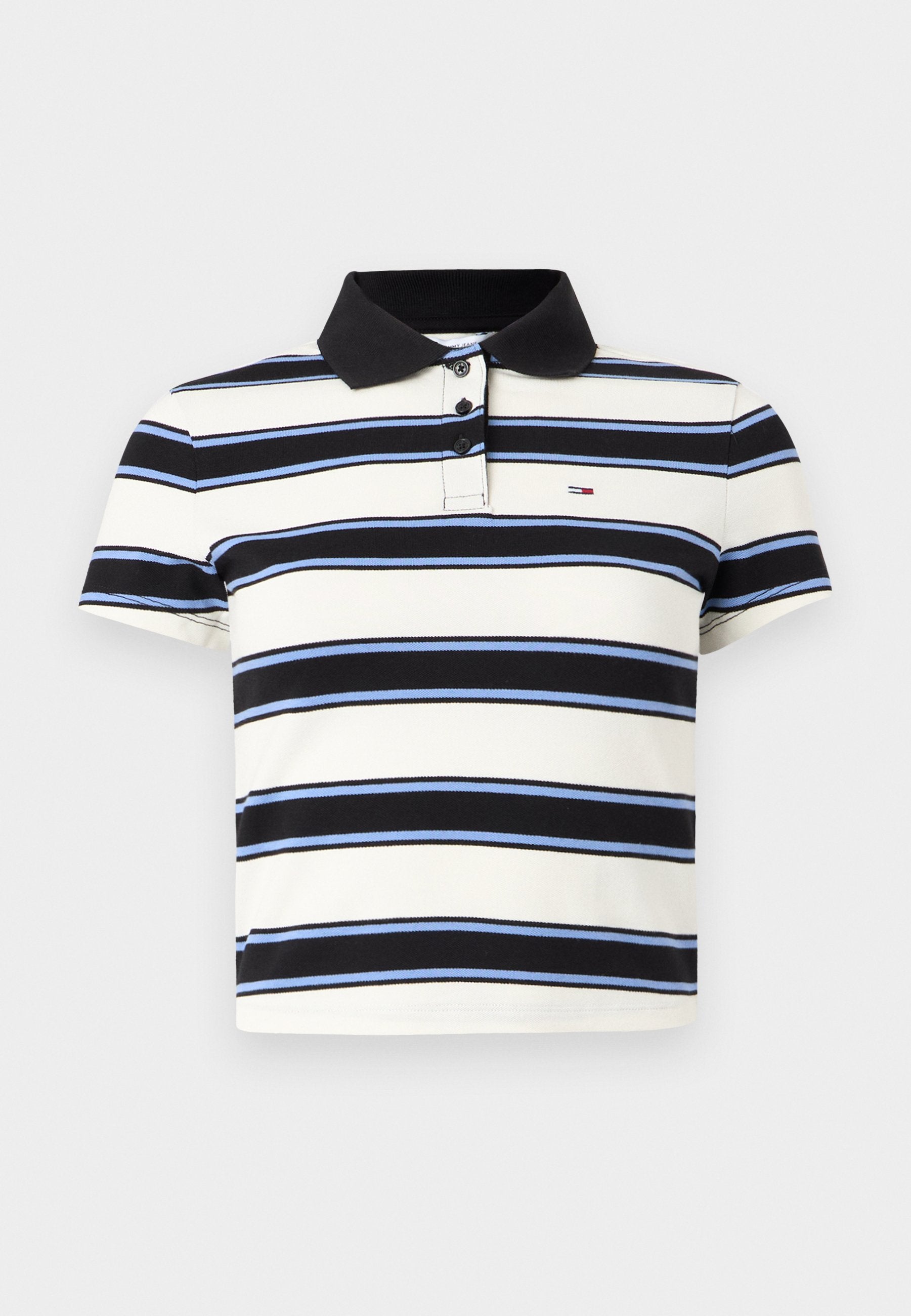 Kurzärmeliges Poloshirt, weiß mit marineblauen, schwarzen und hellblauen horizontalen Streifen. Verfügt über einen schwarzen Kragen und eine Knopfleiste mit drei Knöpfen.