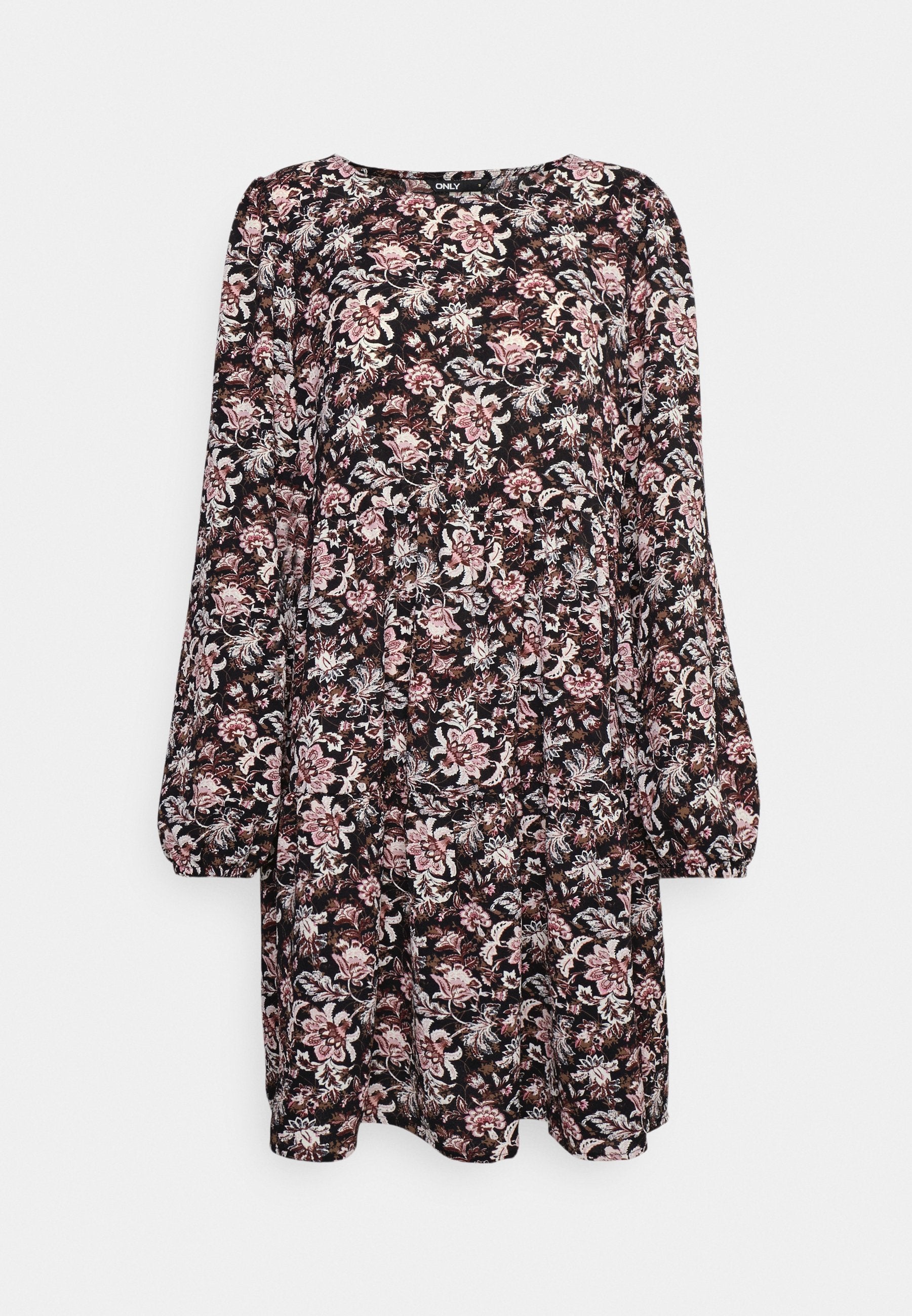Schwarzes Blumenkleid mit langen Ärmeln, das ein mehrfarbiges Blumenmuster, einen runden Ausschnitt und einen fließenden Saum aufweist. Glatter Stoff.