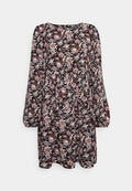 Schwarzes Blumenkleid mit langen Ärmeln, das ein mehrfarbiges Blumenmuster, einen runden Ausschnitt und einen fließenden Saum aufweist. Glatter Stoff.