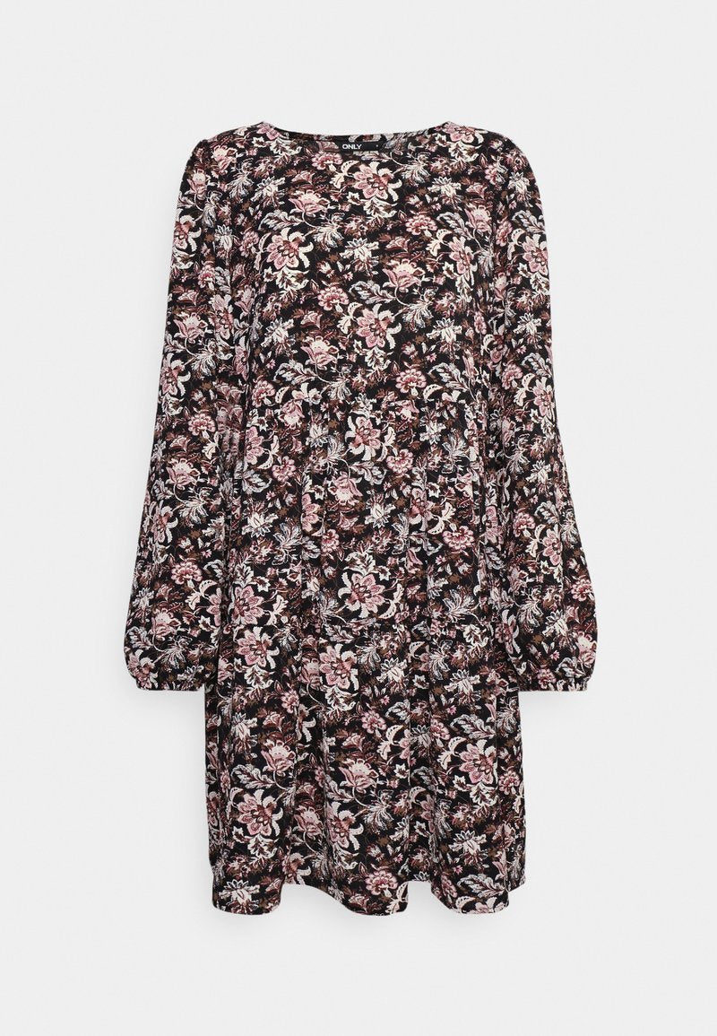 Schwarzes Blumenkleid mit langen Ärmeln, das ein mehrfarbiges Blumenmuster, einen runden Ausschnitt und einen fließenden Saum aufweist. Glatter Stoff.