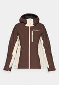Braun- und Creme-farbene zweifarbige Jacke mit einem Reißverschluss vorne, einer verstellbaren Kapuze und zwei Fronttaschen. Markenlogo auf der Brust präsentiert.