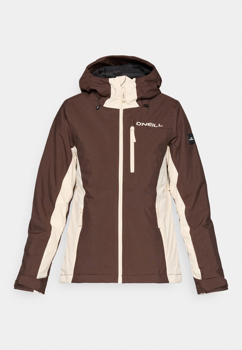 Braun- und Creme-farbene zweifarbige Jacke mit einem Reißverschluss vorne, einer verstellbaren Kapuze und zwei Fronttaschen. Markenlogo auf der Brust präsentiert.