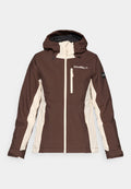 Braun- und Creme-farbene zweifarbige Jacke mit einem Reißverschluss vorne, einer verstellbaren Kapuze und zwei Fronttaschen. Markenlogo auf der Brust präsentiert.