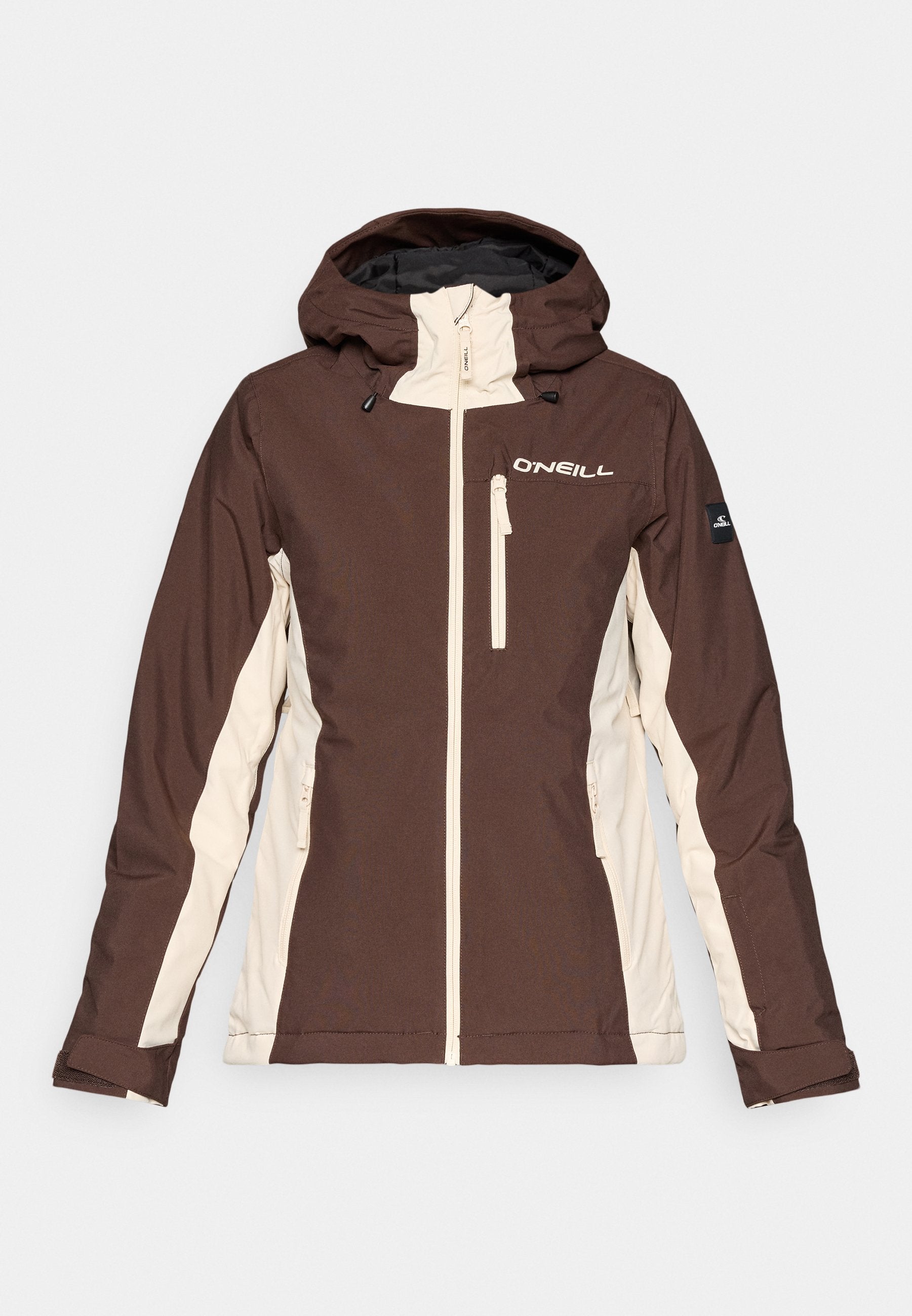 Braun- und Creme-farbene zweifarbige Jacke mit einem Reißverschluss vorne, einer verstellbaren Kapuze und zwei Fronttaschen. Markenlogo auf der Brust präsentiert.