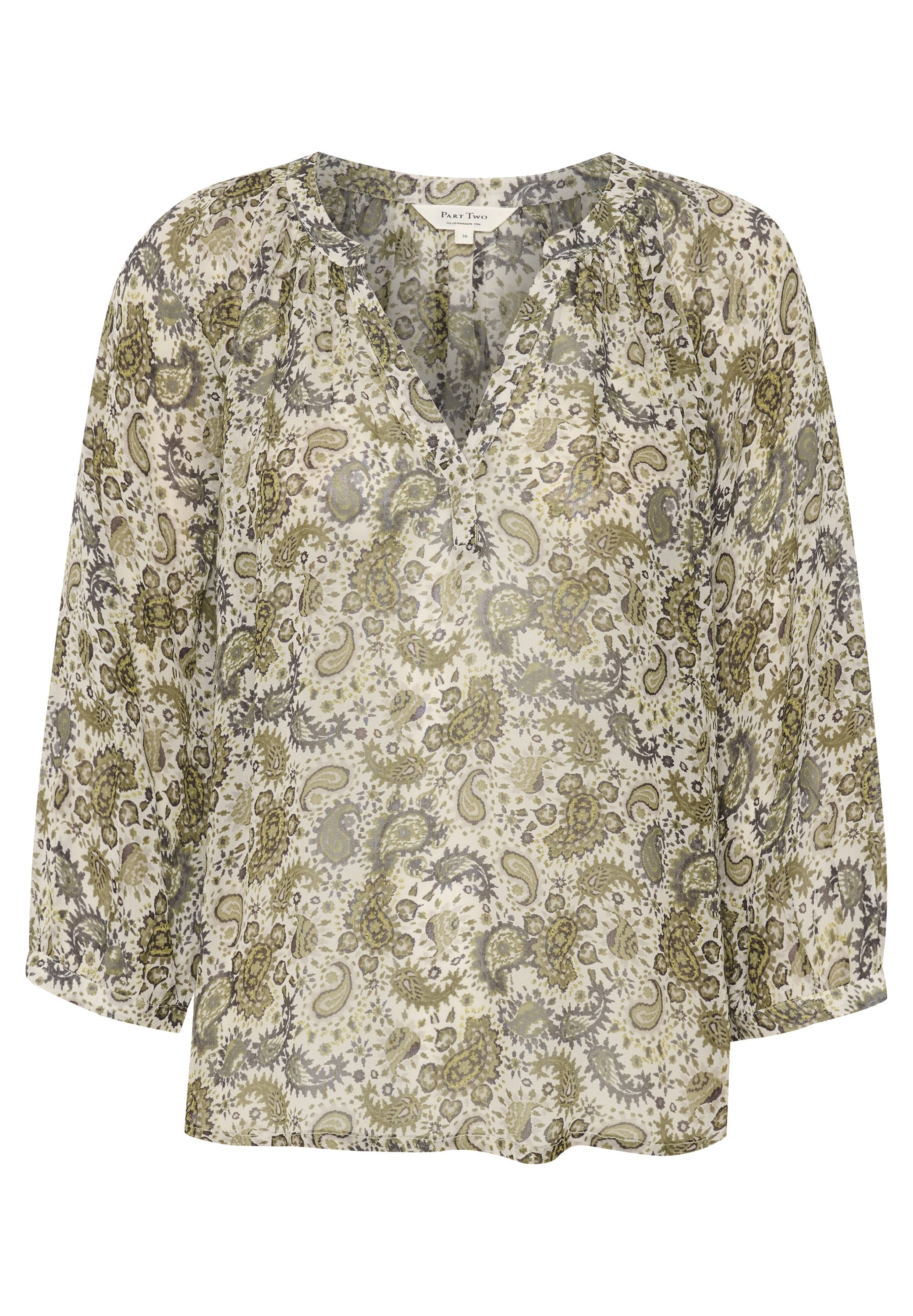 Bluse mit floralem Muster, V-Ausschnitt, langen Ärmeln und leichtem, durchscheinendem Stoff in Grüntönen, Grau und Creme.