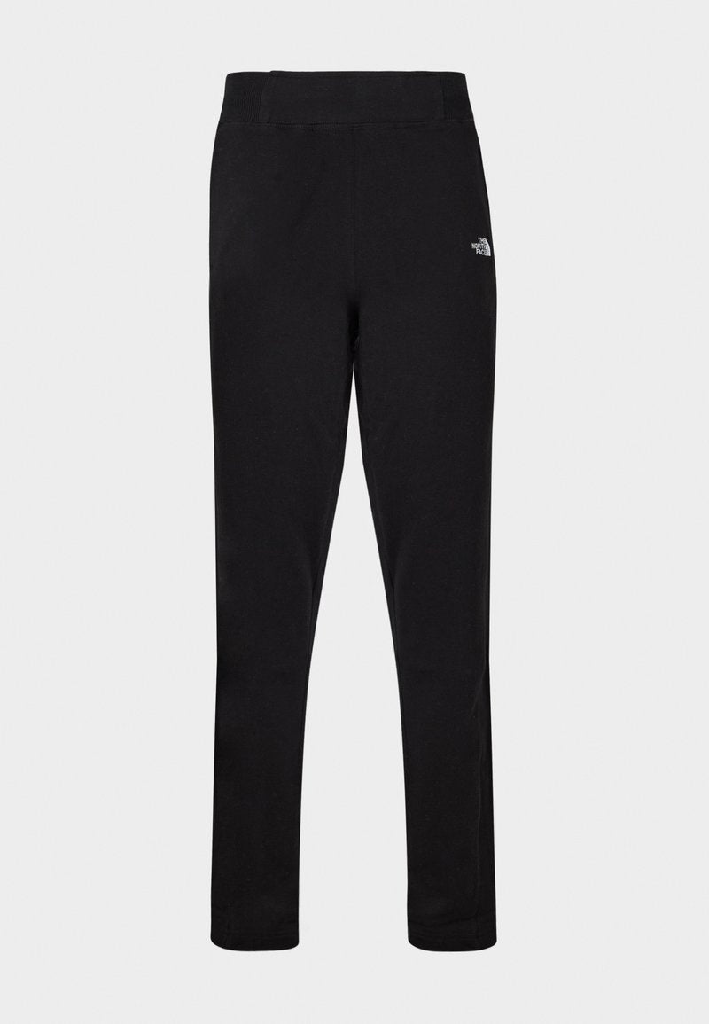 Schwarze enganliegende Sportleggings mit hohem Bund und kleinem weißem The North Face-Logo am oberen linken Oberschenkel.