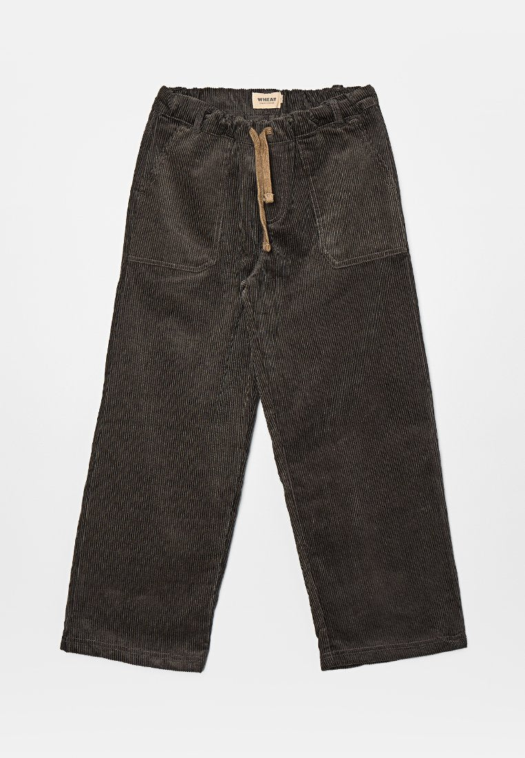 Braune Cordhose mit geradem Bein-Design, einem elastischen Bund und einem Kordelzug. Verfügt über vordere Taschen und eine vertikal gerippte Textur.